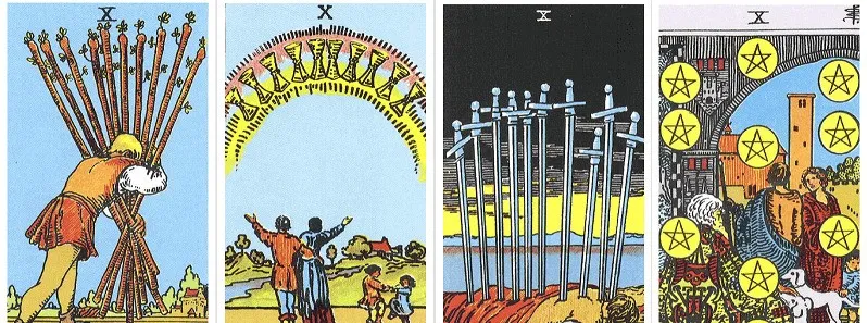 ▲ 10 of the Scepter, 10 of the Grail, 10 of the Sword, 10 of the Star Coin