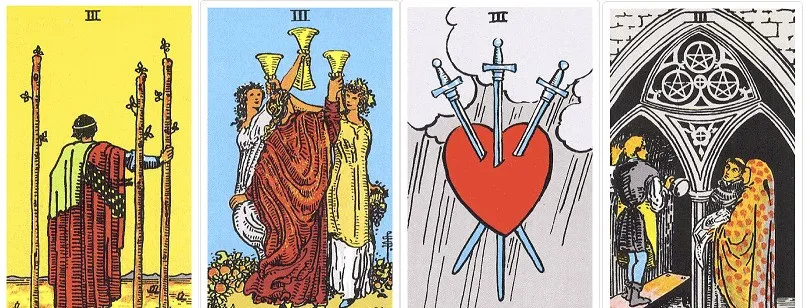 ▲ 3 of Scepters, 3 of Cups, 3 of Swords, 3 of Star Coins