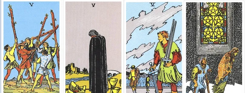 ▲ 5 of Scepter, 5 of Cups, 5 of Swords, 5 of Coins